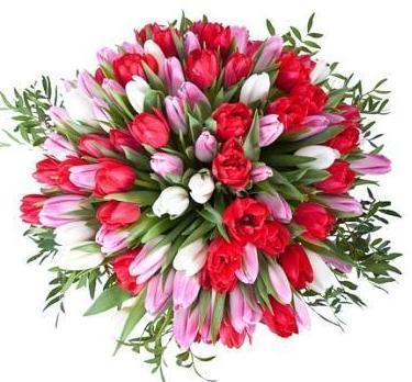 Three - colored Tulips with Greenery - Flowers Box London