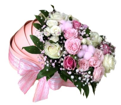 White and Pink Flowers with Pink Decoration Cradle Box