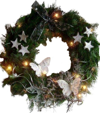 White Butterfys Holiday Light Wreath