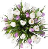 White & Double Lavender Tulips Bouquet with Greenery - Flowers Box London