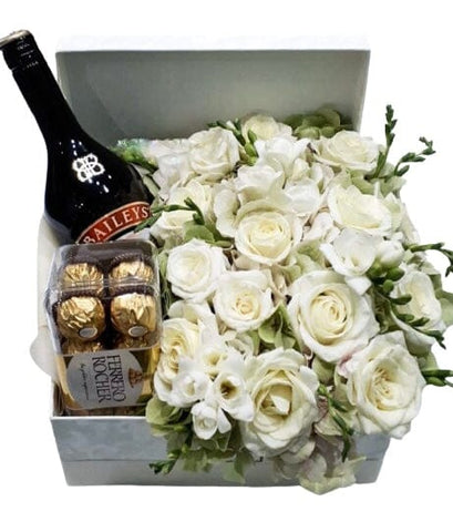 White flowers, Ferrero Rocher, champagne gift box
