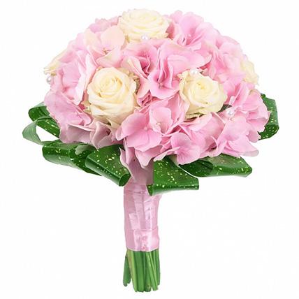 White Hydrangea with Pink Roses Bridal Bouquet