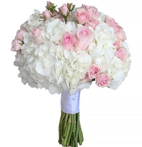 White Hydrangea with Pink Spray Roses Bridal Bouquet