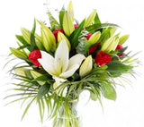 White Lily & Cerise Roses Bouquet - Flowers Box London