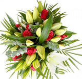 White Lily & Cerise Roses Bouquet - Flowers Box London