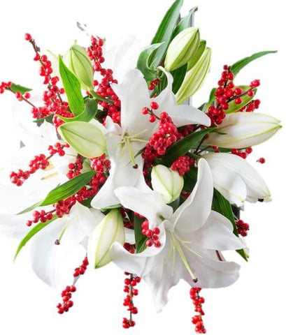 White Lily with Red Ilex Bouquet - Flowers Box London