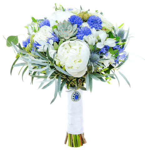 White Peonies and Cornflowers Bridal Bouquet
