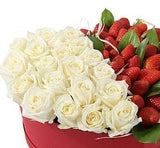 White Roses & Strawberries Heart Box - Flowers Box London