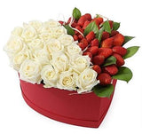 White Roses & Strawberries Heart Box - Flowers Box London