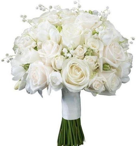 White Roses with Lily of Valley Bridal Bouquet - Flowers Box London
