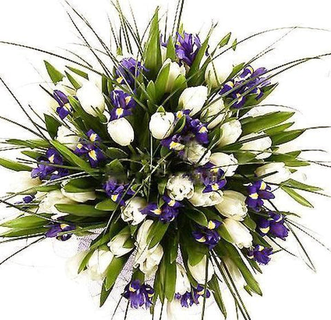 White tulips and iris bouquet