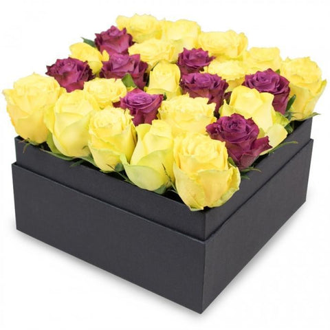 Yellow and Purple Roses Box - Flowers Box London
