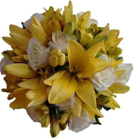Yellow Aztec Lili & White Roses Bouquet - Flowers Box London